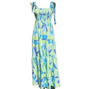 BLUE GREEN Summer Maxi Dress Festival Beach Long SUNDRESS  Abstract  Retro 70s M
